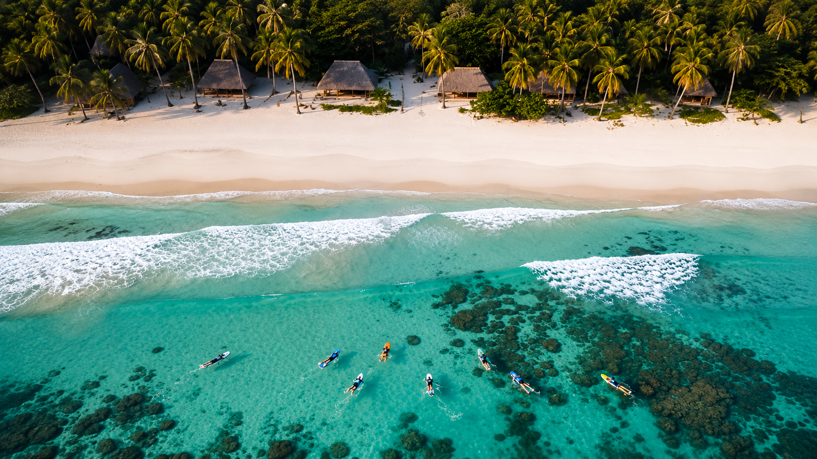 Aerial view of a palm-fringed beach in Diani, Kenya — thatched huts along the tree line, white sand meeting turquoise water, and swimmers paddling near a reef