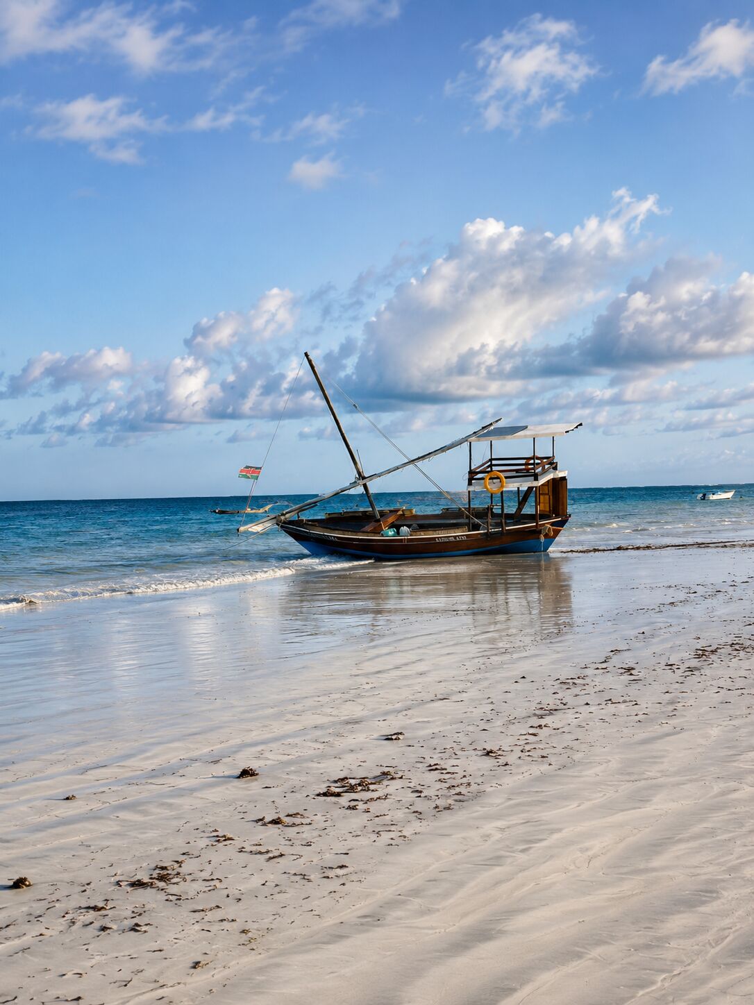 Traditional fishing dhow resting on the shoreline near Diani Beach, Kenya